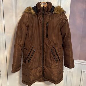 Women’s Brown Winter Jacket with Faux Fur Hood